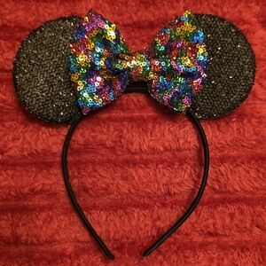 Black Glitter Mickey Ears Headband w/ Rainbow Sequin Bow | Disney Parks